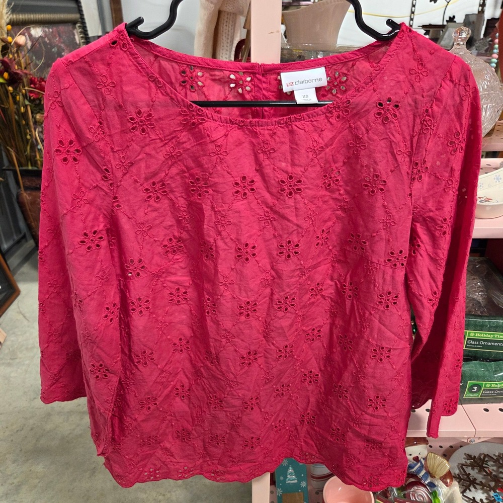 Liz Claiborne Womens Pink Eyelet Floral Long Sleeve Blouse Top XS